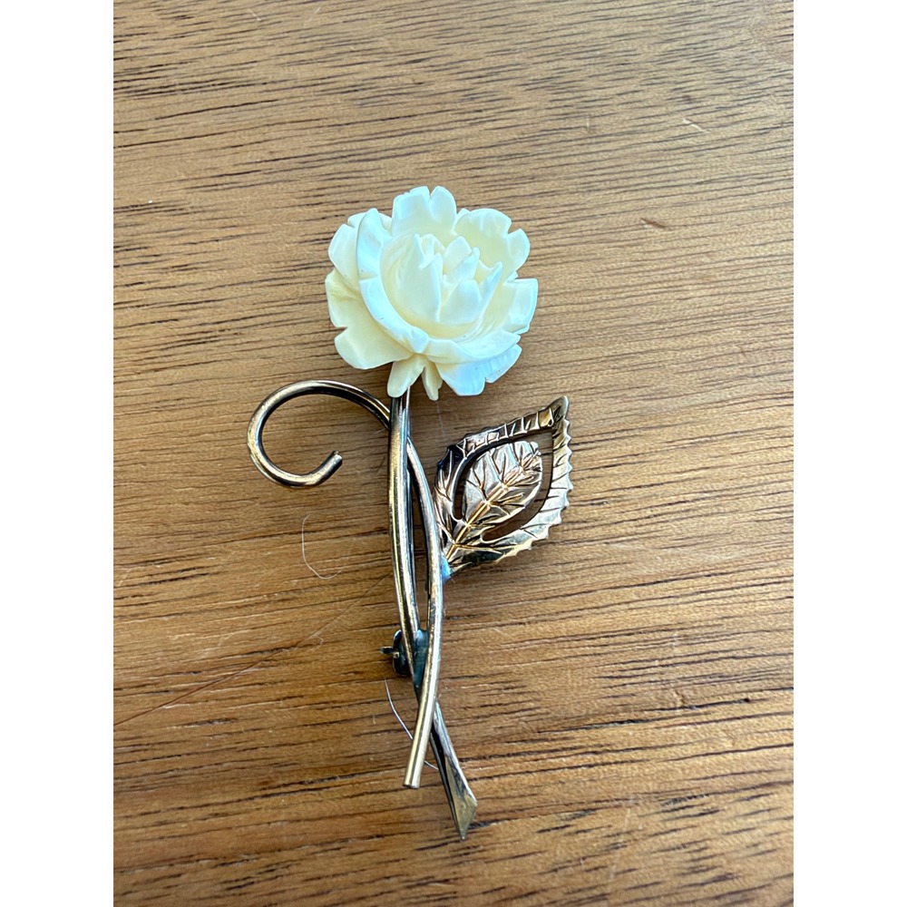 Vintage WINARD 12K Gold Filled Carved White Rose Flower Brooch Pin